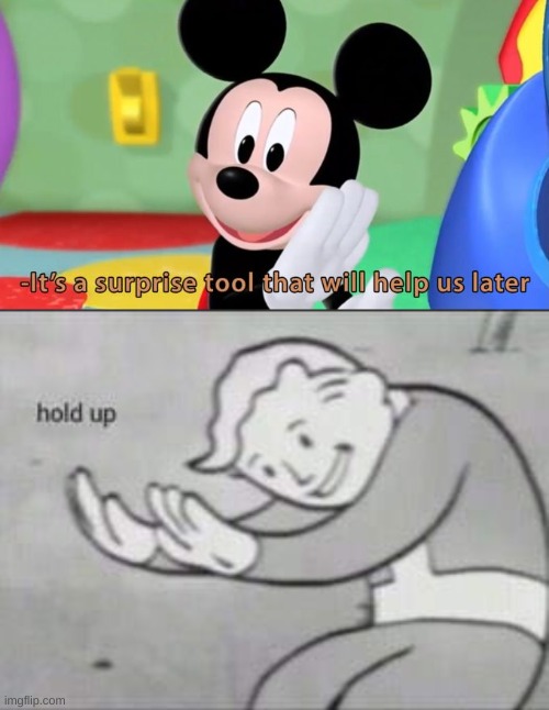 how would he know?? | image tagged in mickey mouse tool,fallout hold up | made w/ Imgflip meme maker