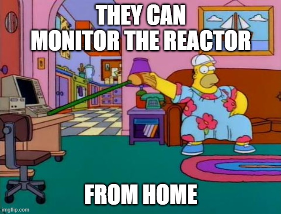 Working from Home Homer | THEY CAN MONITOR THE REACTOR FROM HOME | image tagged in working from home homer | made w/ Imgflip meme maker