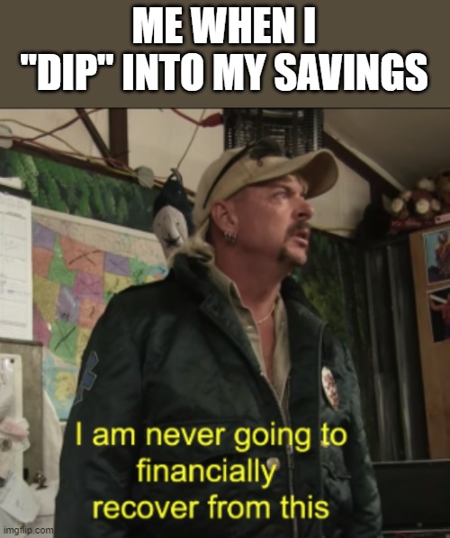 Let me just "dip" into my savings | ME WHEN I "DIP" INTO MY SAVINGS | image tagged in joe exotic financially recover | made w/ Imgflip meme maker