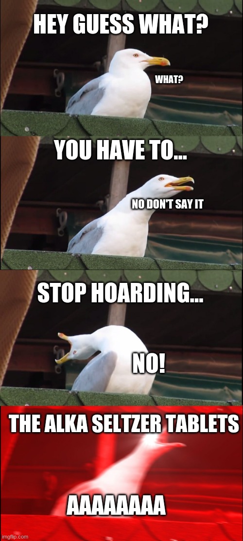 Inhaling Seagull Meme | HEY GUESS WHAT? WHAT? YOU HAVE TO... NO DON'T SAY IT; STOP HOARDING... NO! THE ALKA SELTZER TABLETS; AAAAAAAA | image tagged in memes,inhaling seagull | made w/ Imgflip meme maker