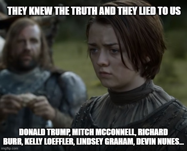 Arya's Kill List | THEY KNEW THE TRUTH AND THEY LIED TO US; DONALD TRUMP, MITCH MCCONNELL, RICHARD BURR, KELLY LOEFFLER, LINDSEY GRAHAM, DEVIN NUNES... | image tagged in arya stark,got,game of thrones,kill list | made w/ Imgflip meme maker