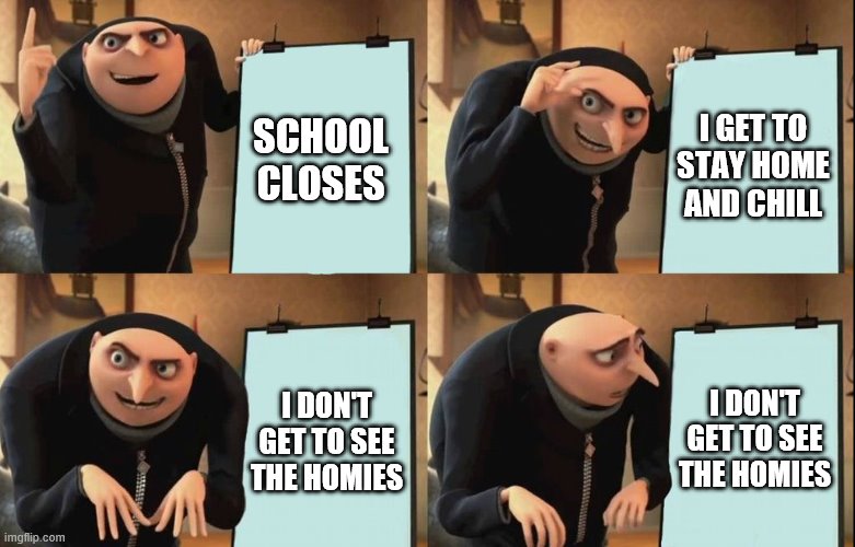 Gru's Plan | I GET TO STAY HOME AND CHILL; SCHOOL CLOSES; I DON'T GET TO SEE THE HOMIES; I DON'T GET TO SEE THE HOMIES | image tagged in despicable me diabolical plan gru template | made w/ Imgflip meme maker