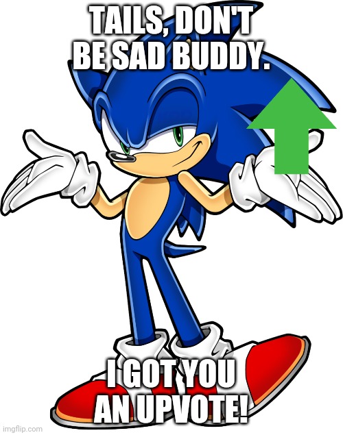 Sonic shrugging | TAILS, DON'T BE SAD BUDDY. I GOT YOU AN UPVOTE! | image tagged in sonic shrugging | made w/ Imgflip meme maker