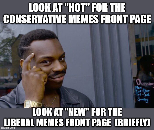 Liberal memes don't last very long... and soon belong to [deleted] users. | LOOK AT "HOT" FOR THE CONSERVATIVE MEMES FRONT PAGE; LOOK AT "NEW" FOR THE LIBERAL MEMES FRONT PAGE  (BRIEFLY) | image tagged in memes,roll safe think about it,imgflip | made w/ Imgflip meme maker