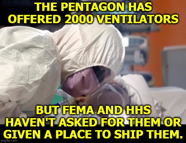 This administration is completely disorganized and dysfunctional. And Trump's the boss, so he tells us. | THE PENTAGON HAS OFFERED 2000 VENTILATORS; BUT FEMA AND HHS HAVEN'T ASKED FOR THEM OR GIVEN A PLACE TO SHIP THEM. | image tagged in coronavirus victim,coronavirus,covid-19,trump,incompetence | made w/ Imgflip meme maker