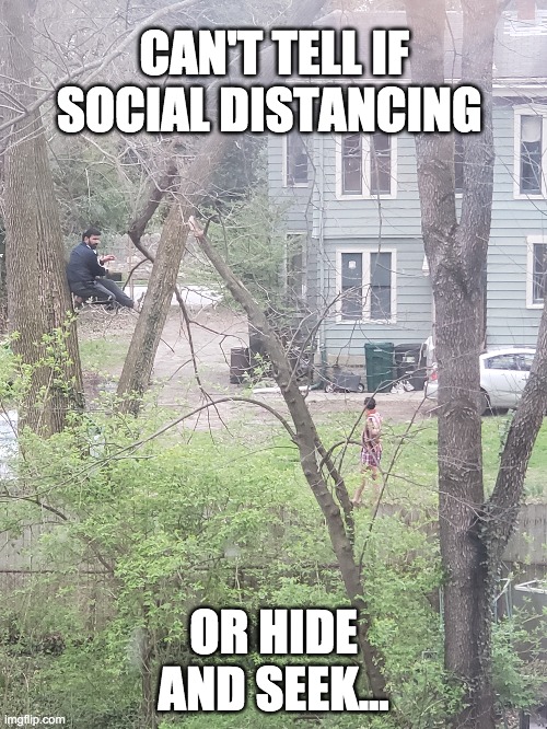 CAN'T TELL IF 
SOCIAL DISTANCING; OR HIDE AND SEEK... | image tagged in social distancing,hide and seek | made w/ Imgflip meme maker