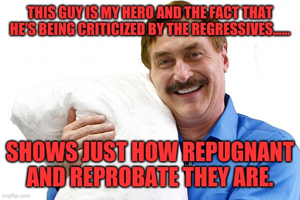 My Pillow |  THIS GUY IS MY HERO AND THE FACT THAT HE'S BEING CRITICIZED BY THE REGRESSIVES...... SHOWS JUST HOW REPUGNANT AND REPROBATE THEY ARE. | image tagged in my pillow | made w/ Imgflip meme maker