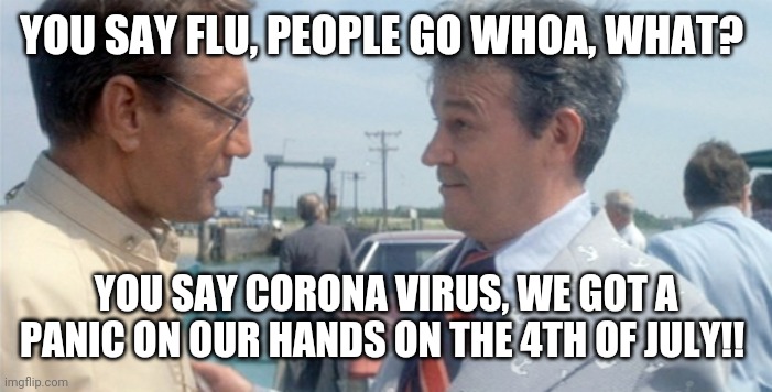 Jaws/Corona | YOU SAY FLU, PEOPLE GO WHOA, WHAT? YOU SAY CORONA VIRUS, WE GOT A PANIC ON OUR HANDS ON THE 4TH OF JULY!! | image tagged in jaws,coronavirus | made w/ Imgflip meme maker