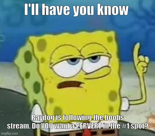 I'll Have You Know Spongebob Meme | I'll have you know; Raydog is following the boobs stream. Do YOU want a PERVERT in the #1 spot? | image tagged in memes,ill have you know spongebob | made w/ Imgflip meme maker