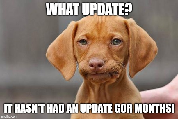 Dissapointed puppy | WHAT UPDATE? IT HASN'T HAD AN UPDATE GOR MONTHS! | image tagged in dissapointed puppy | made w/ Imgflip meme maker