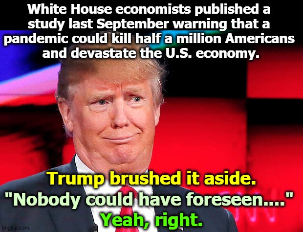 Many did see in advance the consequences of a pandemic. But they're not the kind of people Trump listens to. | White House economists published a 
study last September warning that a 
pandemic could kill half a million Americans 
and devastate the U.S. economy. Trump brushed it aside. "Nobody could have foreseen...."; Yeah, right. | image tagged in trump,pandemic,coronavirus,covid-19,incompetence | made w/ Imgflip meme maker