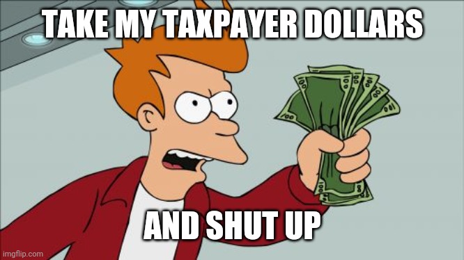 Shut Up And Take My Money Fry Meme | TAKE MY TAXPAYER DOLLARS AND SHUT UP | image tagged in memes,shut up and take my money fry | made w/ Imgflip meme maker