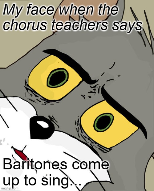 Unsettled Tom Meme | My face when the chorus teachers says; Baritones come up to sing... | image tagged in memes,unsettled tom | made w/ Imgflip meme maker