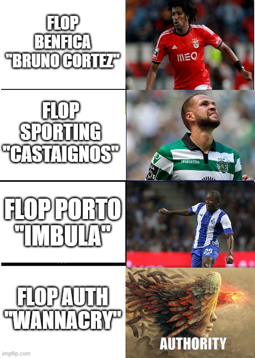 Expanding Brain Meme | FLOP BENFICA
"BRUNO CORTEZ"; FLOP SPORTING
"CASTAIGNOS"; FLOP PORTO
"IMBULA"; FLOP AUTH
"WANNACRY" | image tagged in memes,expanding brain | made w/ Imgflip meme maker