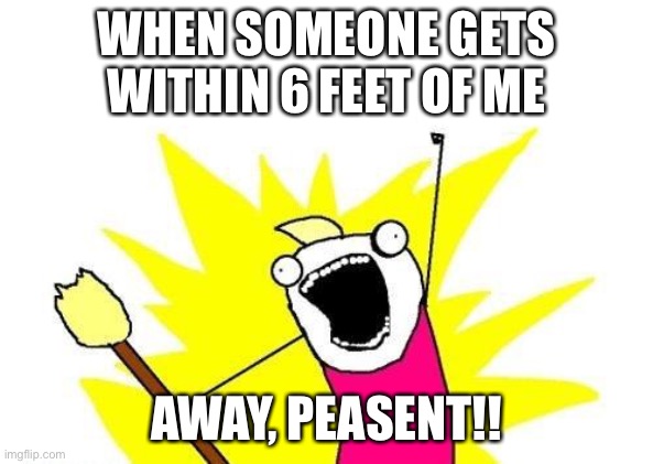 X All The Y | WHEN SOMEONE GETS WITHIN 6 FEET OF ME; AWAY, PEASENT!! | image tagged in memes,x all the y | made w/ Imgflip meme maker
