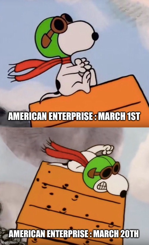 Spend That Check / Help Your Local Businesses | AMERICAN ENTERPRISE : MARCH 1ST; AMERICAN ENTERPRISE : MARCH 20TH | image tagged in snoopy,wwi flying ace,covid-19,coronavirus,peanuts,economy | made w/ Imgflip meme maker