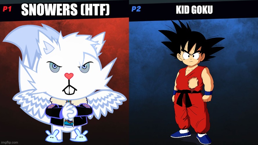Snowers & Kid Goku | SNOWERS (HTF); KID GOKU | image tagged in smash bros 1v1 screen template,happy tree friends,goku,dragon ball z | made w/ Imgflip meme maker