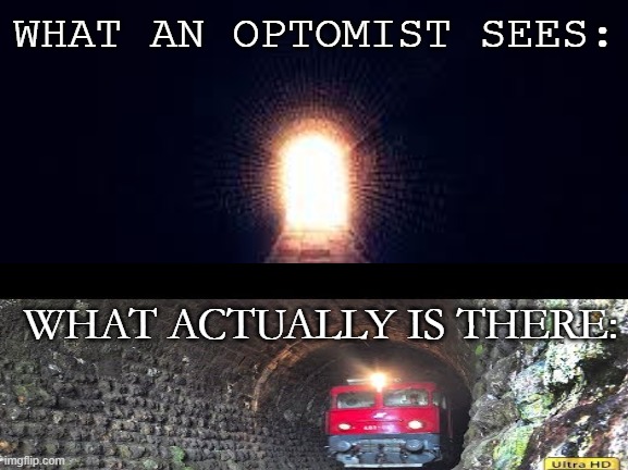 Optomist death | WHAT AN OPTOMIST SEES:; WHAT ACTUALLY IS THERE: | image tagged in light at the end of tunnel,train,death | made w/ Imgflip meme maker