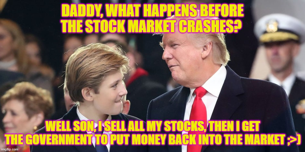 DADDY, WHAT HAPPENS BEFORE THE STOCK MARKET CRASHES? WELL SON, I SELL ALL MY STOCKS, THEN I GET THE GOVERNMENT TO PUT MONEY BACK INTO THE MARKET ;>) | image tagged in dark humor,political meme | made w/ Imgflip meme maker