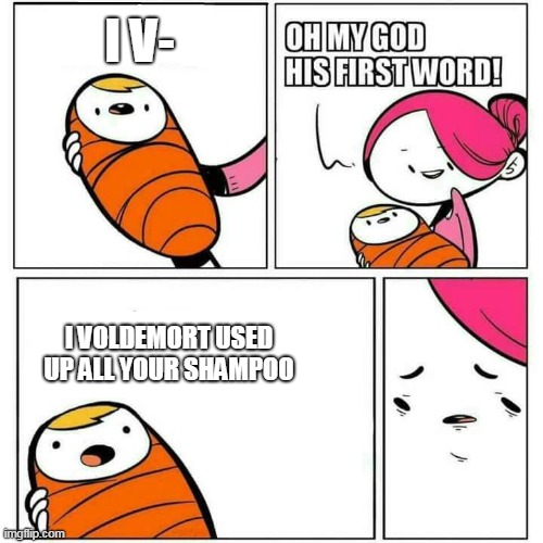 Voldemorts First Words | I V-; I VOLDEMORT USED UP ALL YOUR SHAMPOO | image tagged in sons first words,shampoo,voldemort,harry potter,funny,memes | made w/ Imgflip meme maker