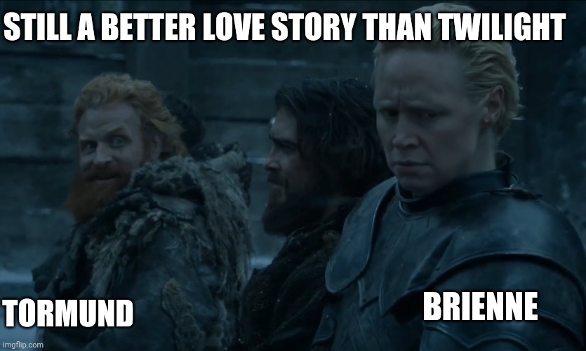 game of thrones | STILL A BETTER LOVE STORY THAN TWILIGHT; BRIENNE; TORMUND | image tagged in game of thrones | made w/ Imgflip meme maker