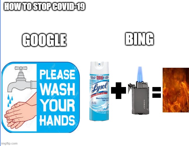 How to stop Covid-19 bing vs google | HOW TO STOP COVID-19; GOOGLE; BING | image tagged in bing,google,coronavirus | made w/ Imgflip meme maker