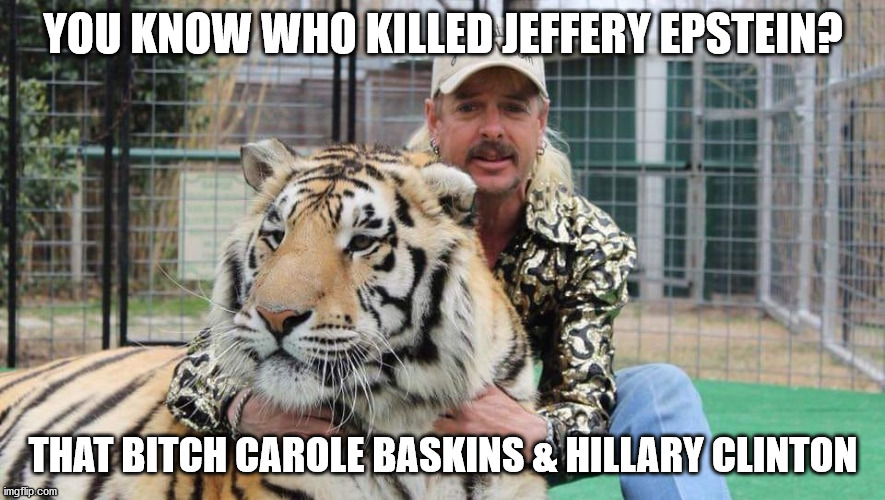 Tiger king | YOU KNOW WHO KILLED JEFFERY EPSTEIN? THAT BITCH CAROLE BASKINS & HILLARY CLINTON | image tagged in tiger king | made w/ Imgflip meme maker