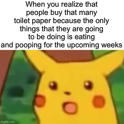 Surprised Pikachu Meme | When you realize that people buy that many toilet paper because the only things that they are going to be doing is eating and pooping for the upcoming weeks | image tagged in memes,surprised pikachu | made w/ Imgflip meme maker