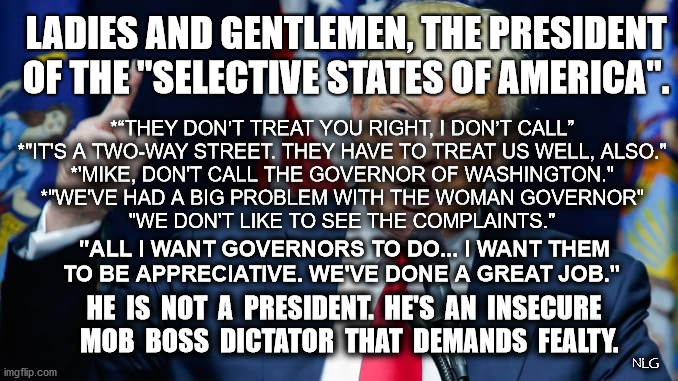 Selective States of America | LADIES AND GENTLEMEN, THE PRESIDENT OF THE "SELECTIVE STATES OF AMERICA". *“THEY DON’T TREAT YOU RIGHT, I DON’T CALL”
*"IT'S A TWO-WAY STREET. THEY HAVE TO TREAT US WELL, ALSO."
*'MIKE, DON'T CALL THE GOVERNOR OF WASHINGTON."
*"WE'VE HAD A BIG PROBLEM WITH THE WOMAN GOVERNOR"
 "WE DON'T LIKE TO SEE THE COMPLAINTS."; "ALL I WANT GOVERNORS TO DO... I WANT THEM TO BE APPRECIATIVE. WE'VE DONE A GREAT JOB."; HE  IS  NOT  A  PRESIDENT.  HE'S  AN  INSECURE
  MOB  BOSS  DICTATOR  THAT  DEMANDS  FEALTY. NLG | image tagged in politics,political meme,political | made w/ Imgflip meme maker