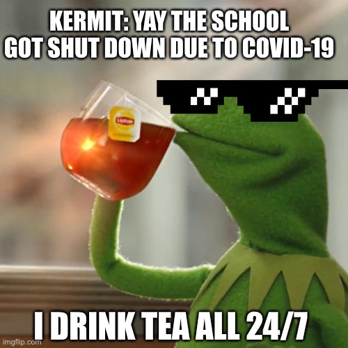 Give Me A Break | KERMIT: YAY THE SCHOOL GOT SHUT DOWN DUE TO COVID-19; I DRINK TEA ALL 24/7 | image tagged in memes,covid-19,kermit the frog,tea | made w/ Imgflip meme maker