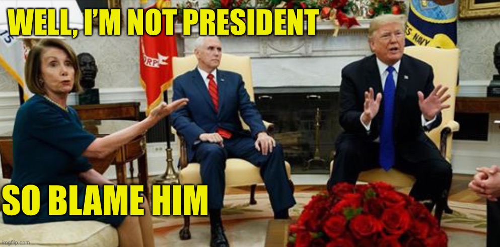 Pelosi and Trump | WELL, I’M NOT PRESIDENT SO BLAME HIM | image tagged in pelosi and trump | made w/ Imgflip meme maker