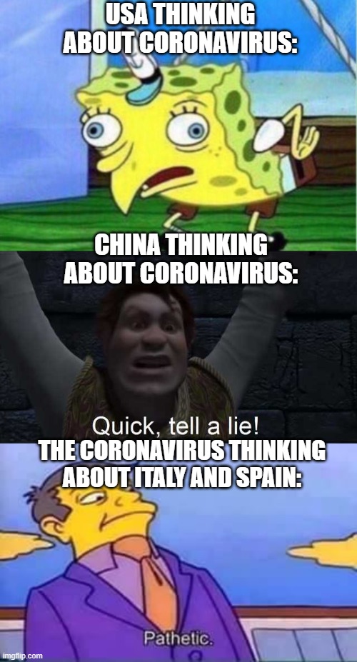 Countries thinking about Corona | USA THINKING ABOUT CORONAVIRUS:; CHINA THINKING ABOUT CORONAVIRUS:; THE CORONAVIRUS THINKING ABOUT ITALY AND SPAIN: | image tagged in skinner pathetic,memes,mocking spongebob,quick tell a lie,funny,coronavirus | made w/ Imgflip meme maker