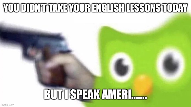 duolingo gun | YOU DIDN’T TAKE YOUR ENGLISH LESSONS TODAY; BUT I SPEAK AMERI....... | image tagged in duolingo gun | made w/ Imgflip meme maker