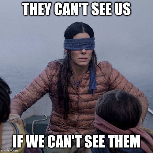 Bird Box Meme | THEY CAN'T SEE US; IF WE CAN'T SEE THEM | image tagged in memes,bird box | made w/ Imgflip meme maker