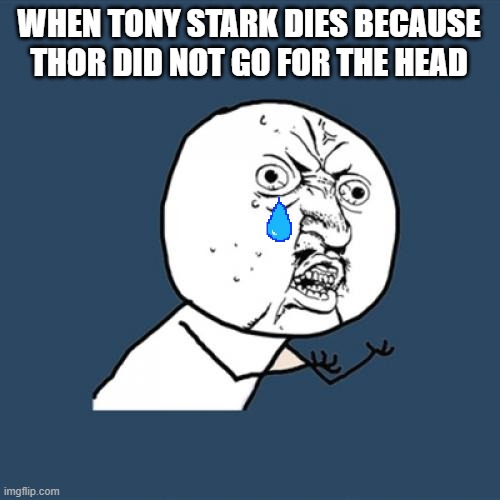 Y U No Meme | WHEN TONY STARK DIES BECAUSE THOR DID NOT GO FOR THE HEAD | image tagged in memes,y u no,avengers | made w/ Imgflip meme maker