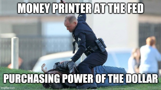 Cop Beating | MONEY PRINTER AT THE FED PURCHASING POWER OF THE DOLLAR | image tagged in cop beating | made w/ Imgflip meme maker