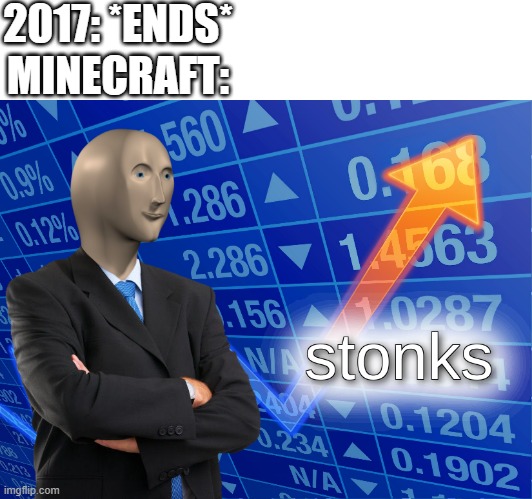 stonks | 2017: *ENDS*; MINECRAFT: | image tagged in stonks | made w/ Imgflip meme maker