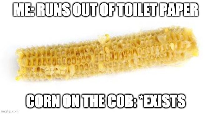 ME: RUNS OUT OF TOILET PAPER; CORN ON THE COB: *EXISTS | image tagged in corona | made w/ Imgflip meme maker