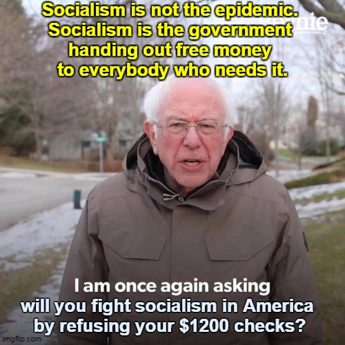 If you let that check clear, you are benefitting from socialism. Congratulations, you are now on welfare. | Socialism is not the epidemic. 
Socialism is the government 
handing out free money 
to everybody who needs it. will you fight socialism in America 
by refusing your $1200 checks? | image tagged in memes,bernie i am once again asking for your support,socialism,free stuff,welfare | made w/ Imgflip meme maker