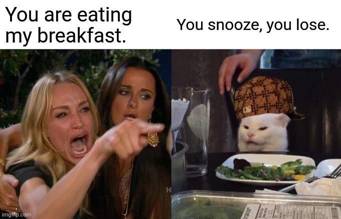 Woman Yelling At Cat | You are eating my breakfast. You snooze, you lose. | image tagged in memes,woman yelling at cat | made w/ Imgflip meme maker
