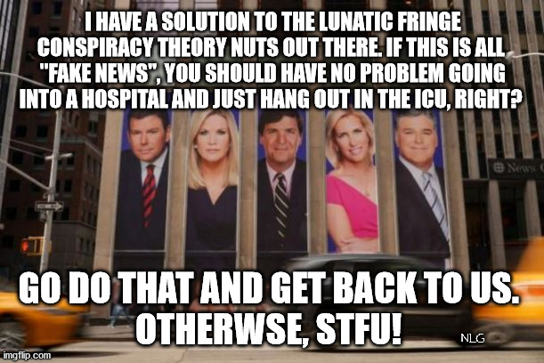 Hang out in an ICU. | I HAVE A SOLUTION TO THE LUNATIC FRINGE CONSPIRACY THEORY NUTS OUT THERE. IF THIS IS ALL 
"FAKE NEWS", YOU SHOULD HAVE NO PROBLEM GOING INTO A HOSPITAL AND JUST HANG OUT IN THE ICU, RIGHT? GO DO THAT AND GET BACK TO US. 
OTHERWSE, STFU! NLG | image tagged in politics,political meme,political | made w/ Imgflip meme maker