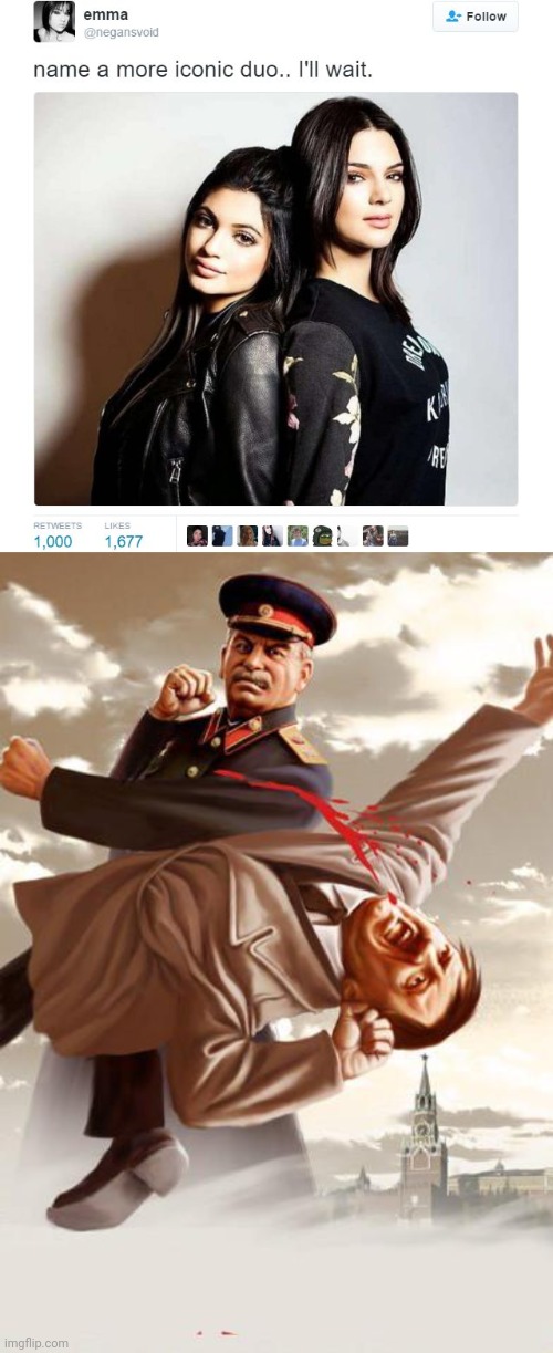 Both were mass-murdering dictators | image tagged in name a more iconic duo,stalin,hitler,history,memes | made w/ Imgflip meme maker