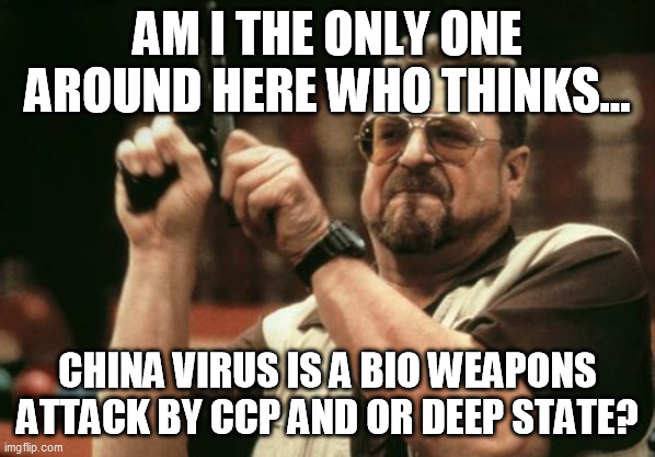 John Goodman | AM I THE ONLY ONE AROUND HERE WHO THINKS... CHINA VIRUS IS A BIO WEAPONS ATTACK BY CCP AND OR DEEP STATE? | image tagged in john goodman | made w/ Imgflip meme maker