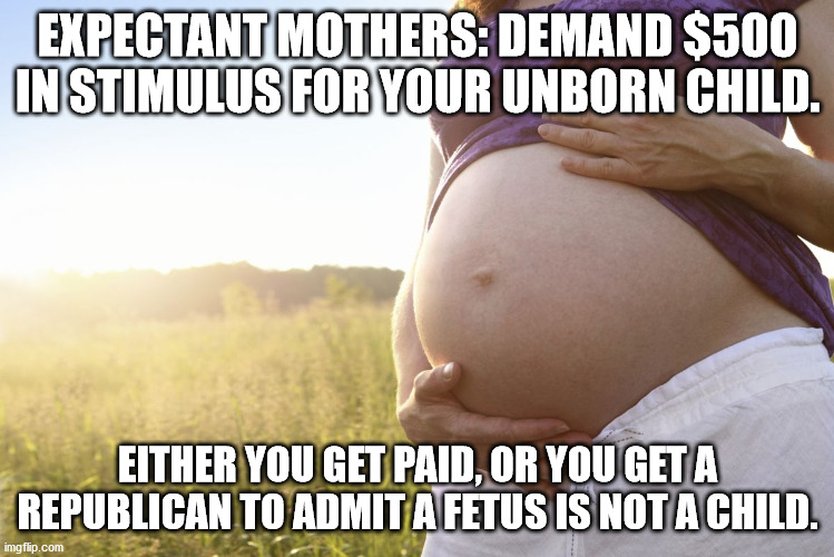 Pregnant Woman | EXPECTANT MOTHERS: DEMAND $500 IN STIMULUS FOR YOUR UNBORN CHILD. EITHER YOU GET PAID, OR YOU GET A REPUBLICAN TO ADMIT A FETUS IS NOT A CHILD. | image tagged in pregnant woman,stimulus,coronavirus,republican,fetus | made w/ Imgflip meme maker