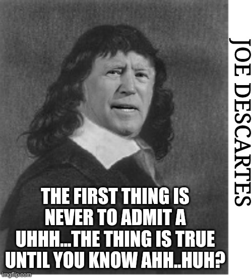 Joe Descartes | JOE DESCARTES THE FIRST THING IS NEVER TO ADMIT A UHHH...THE THING IS TRUE UNTIL YOU KNOW AHH..HUH? | image tagged in joe descartes | made w/ Imgflip meme maker