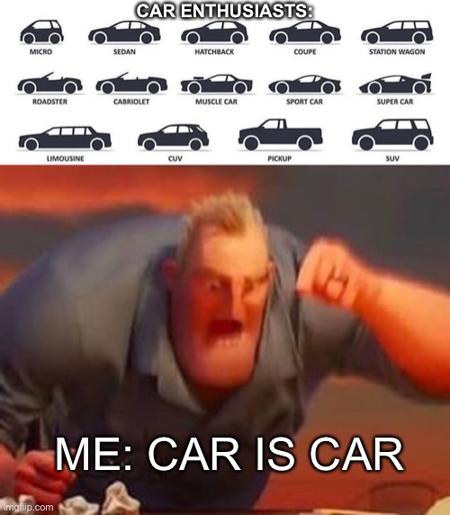 CAR ENTHUSIASTS:; ME: CAR IS CAR | image tagged in mr incredible mad | made w/ Imgflip meme maker