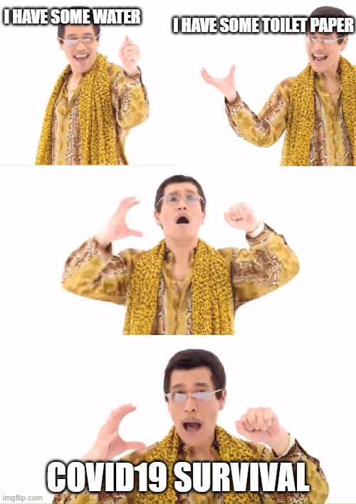 PPAP Meme | I HAVE SOME WATER; I HAVE SOME TOILET PAPER; COVID19 SURVIVAL | image tagged in memes,ppap | made w/ Imgflip meme maker