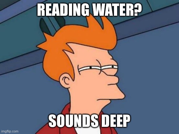 Futurama Fry Meme | READING WATER? SOUNDS DEEP | image tagged in memes,futurama fry | made w/ Imgflip meme maker
