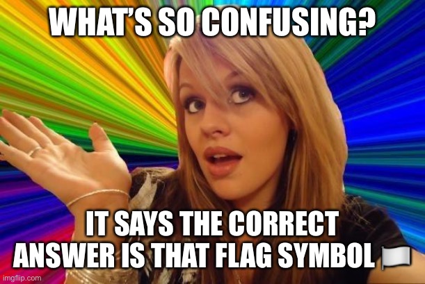 Dumb Blonde Meme | WHAT’S SO CONFUSING? IT SAYS THE CORRECT ANSWER IS THAT FLAG SYMBOL ?️ | image tagged in memes,dumb blonde | made w/ Imgflip meme maker