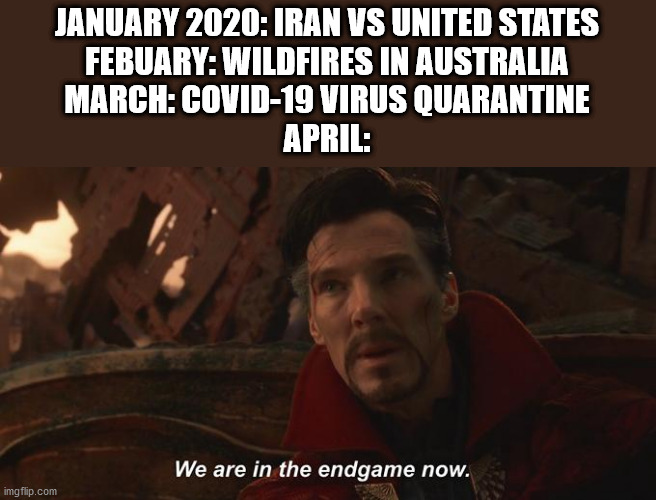 We are in the endgame now | JANUARY 2020: IRAN VS UNITED STATES
FEBUARY: WILDFIRES IN AUSTRALIA
MARCH: COVID-19 VIRUS QUARANTINE
APRIL: | image tagged in we are in the endgame now | made w/ Imgflip meme maker
